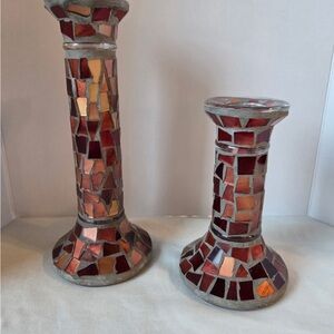 Home Interiors Candle Holder Red Gold Orange Mirrored Mosaic/ Set 2
